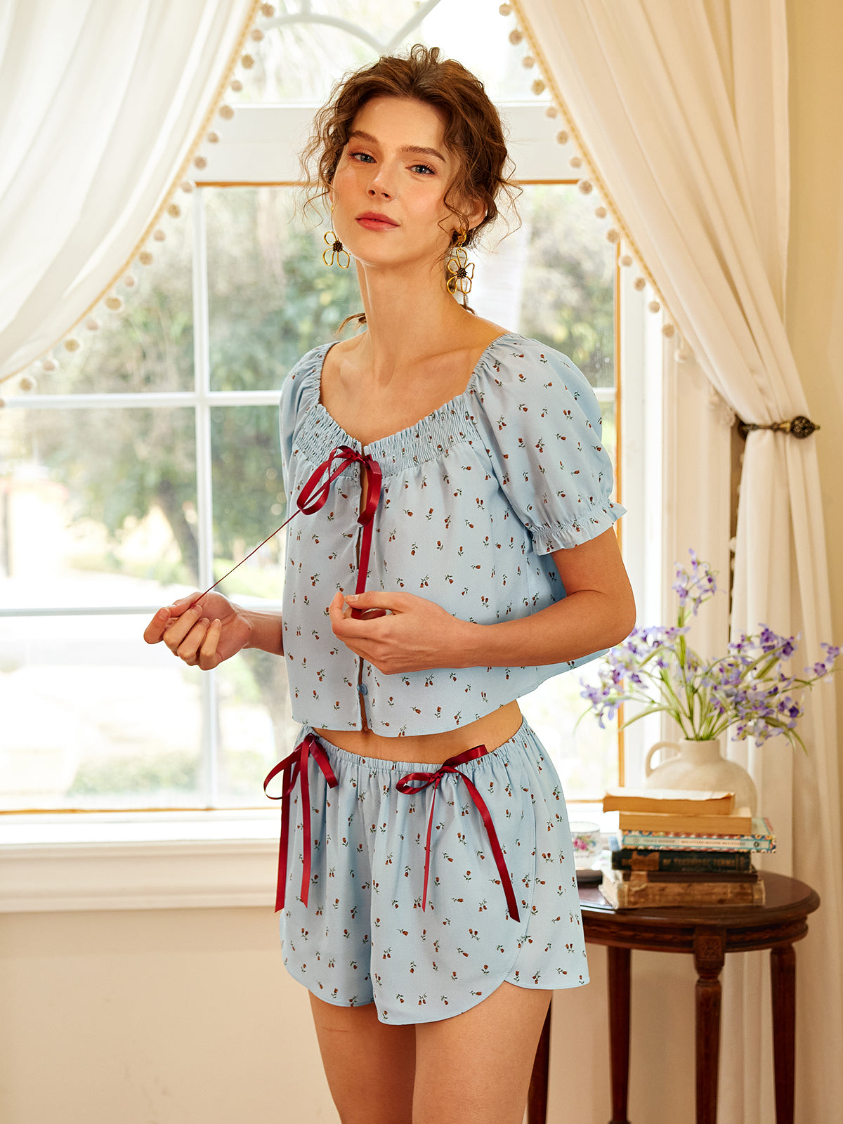 Light Blue Floral Pajama Set with Contrast Ribbon Detail