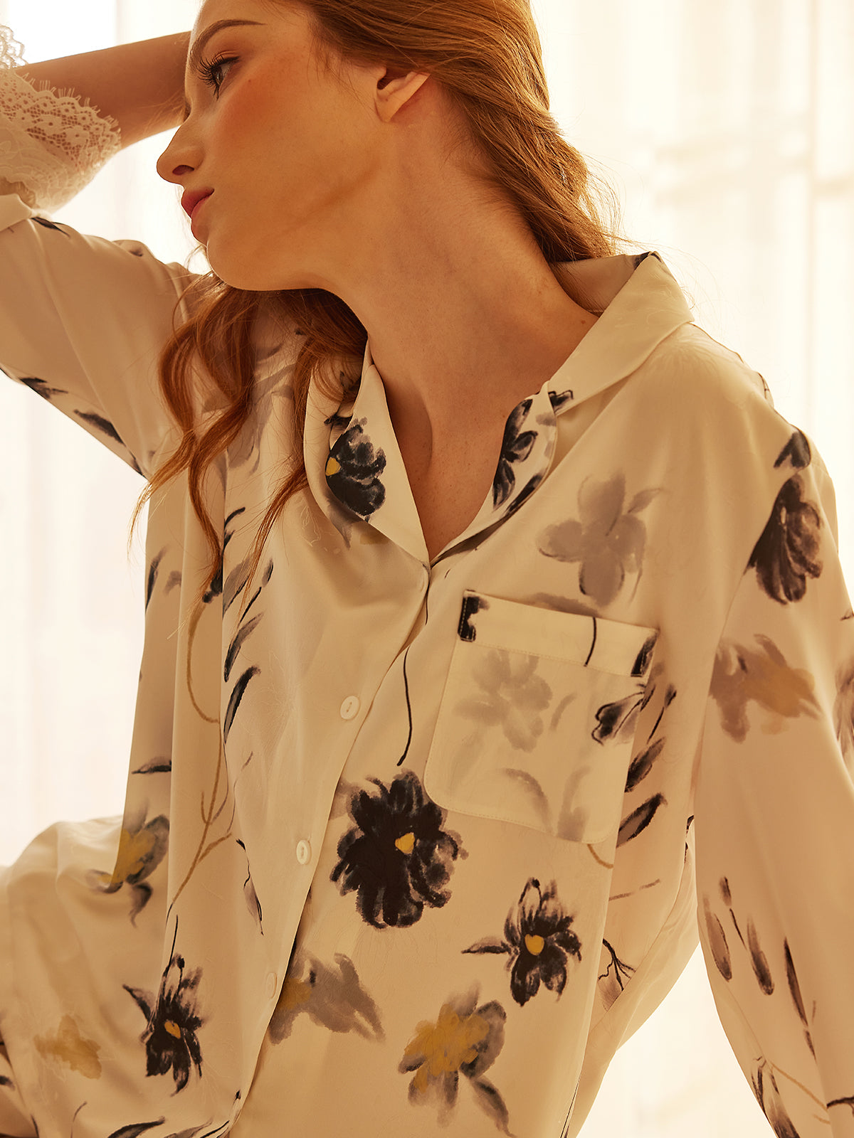 Paint Silk Long Sleeve Pant Pajamas Set For Women