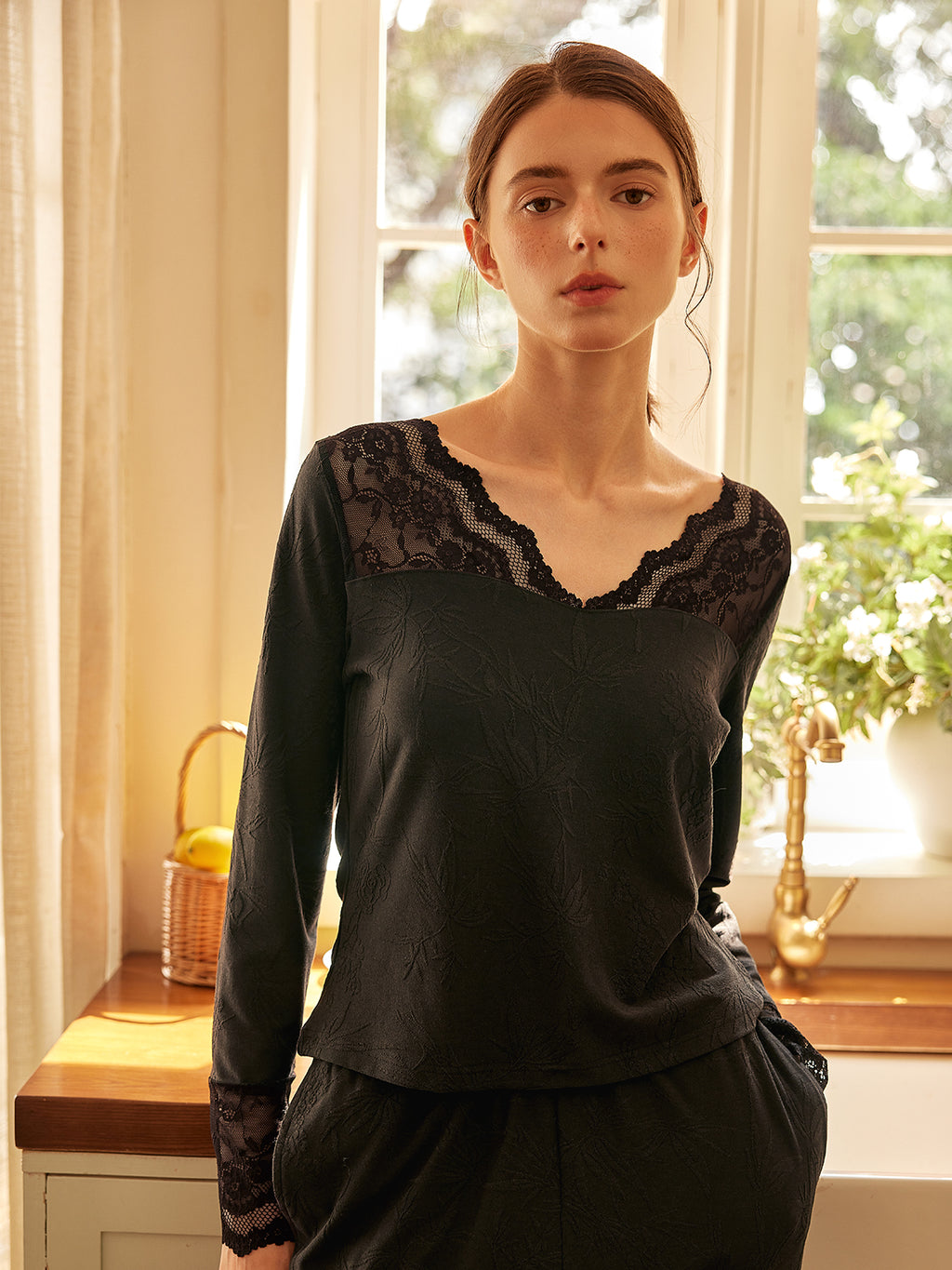 Black Lace Trim Lounge Set