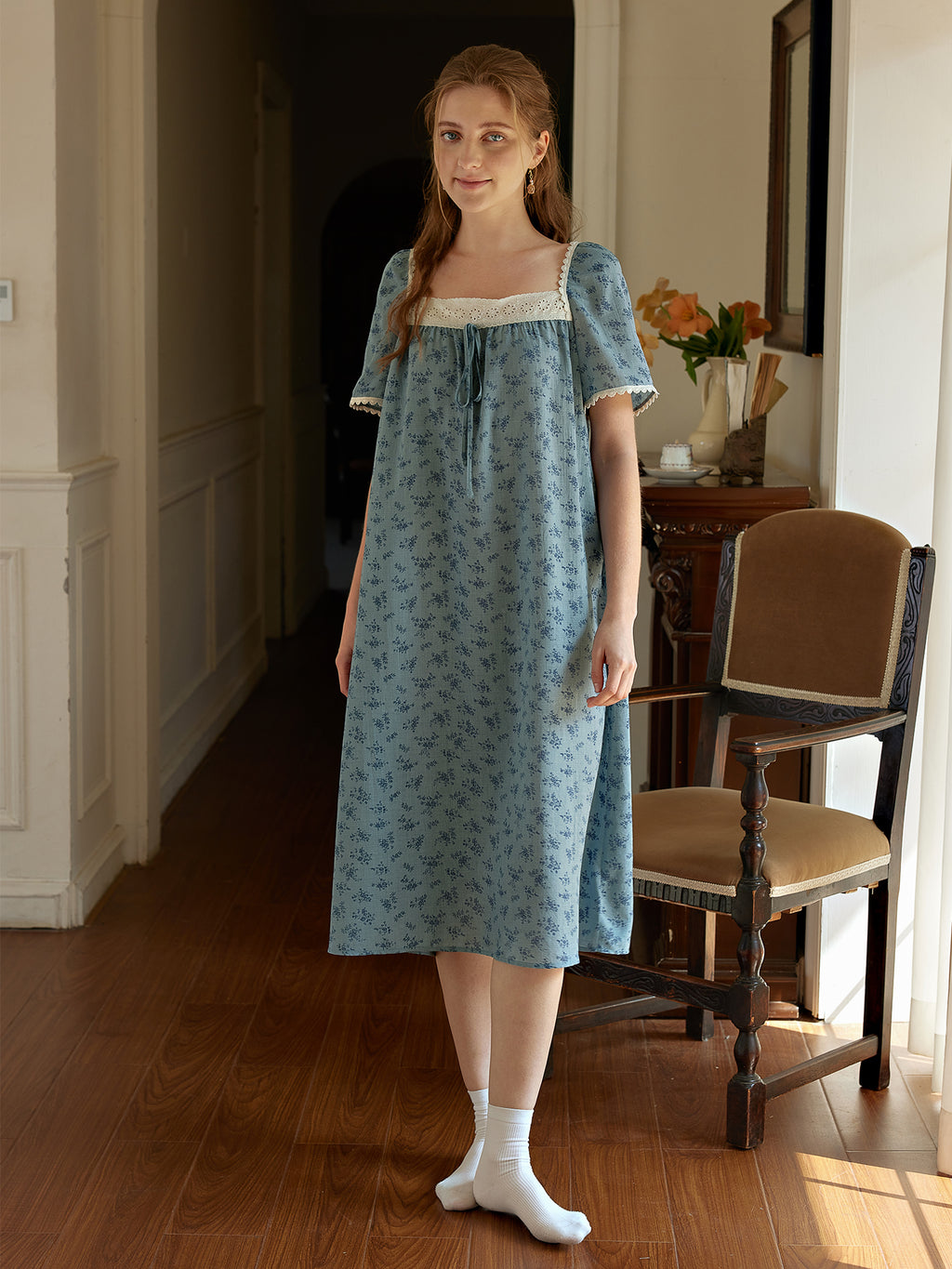 Blue Floral Lace Trim Nightgown for Women