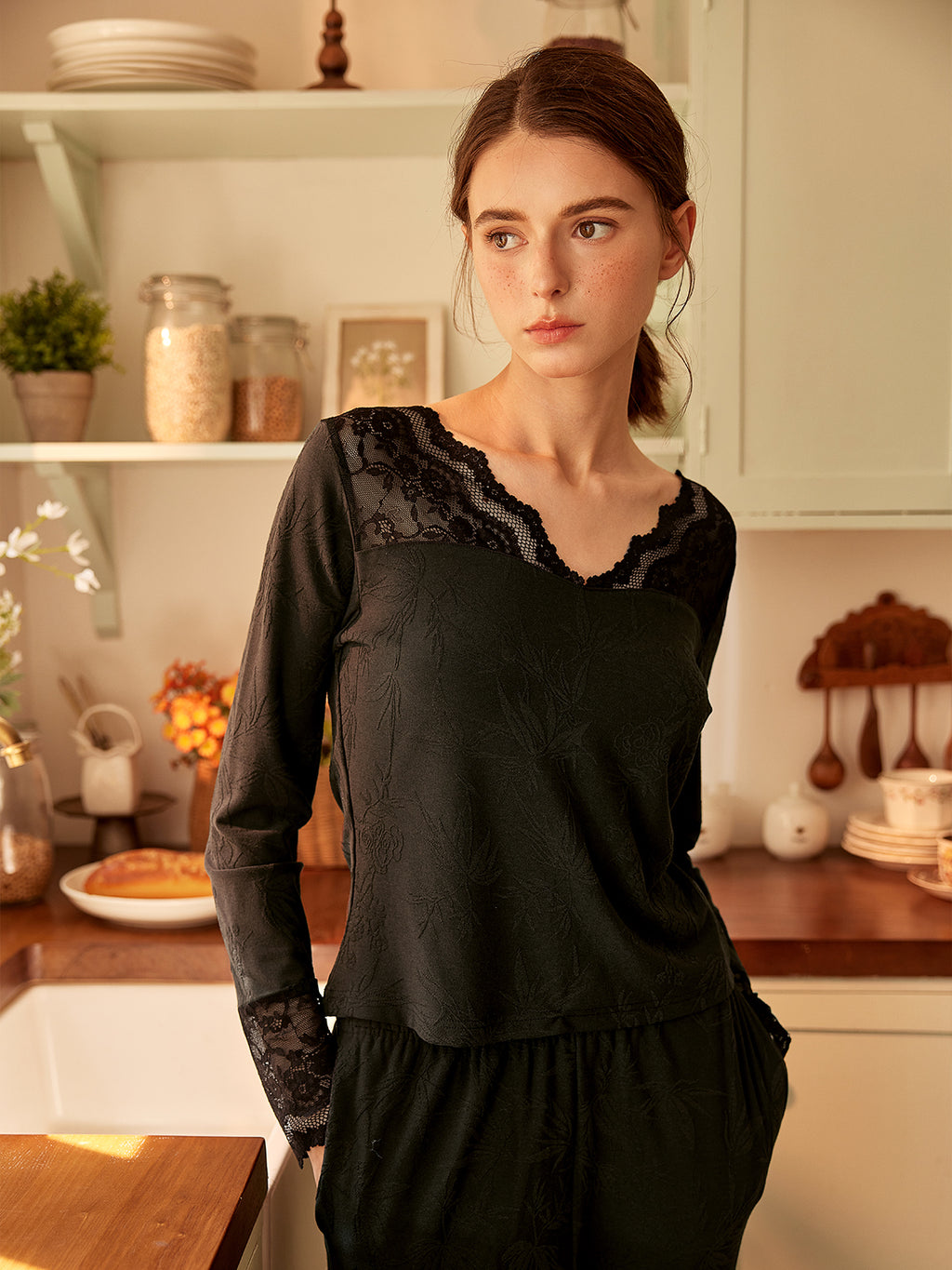 Black Lace Trim Lounge Set