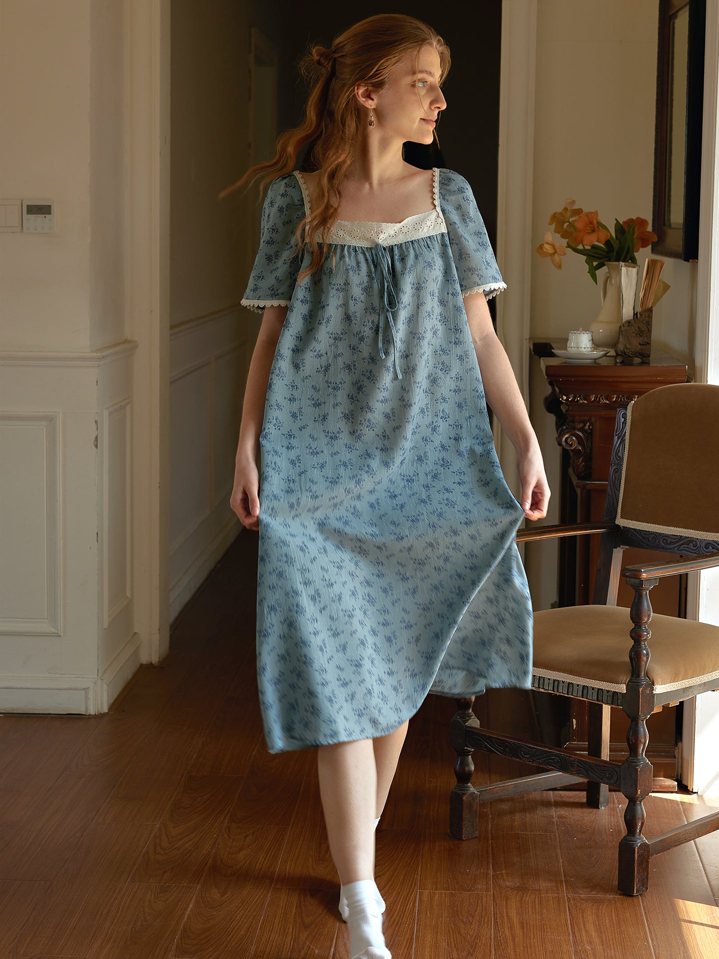 Blue Floral Lace Trim Nightgown for Women