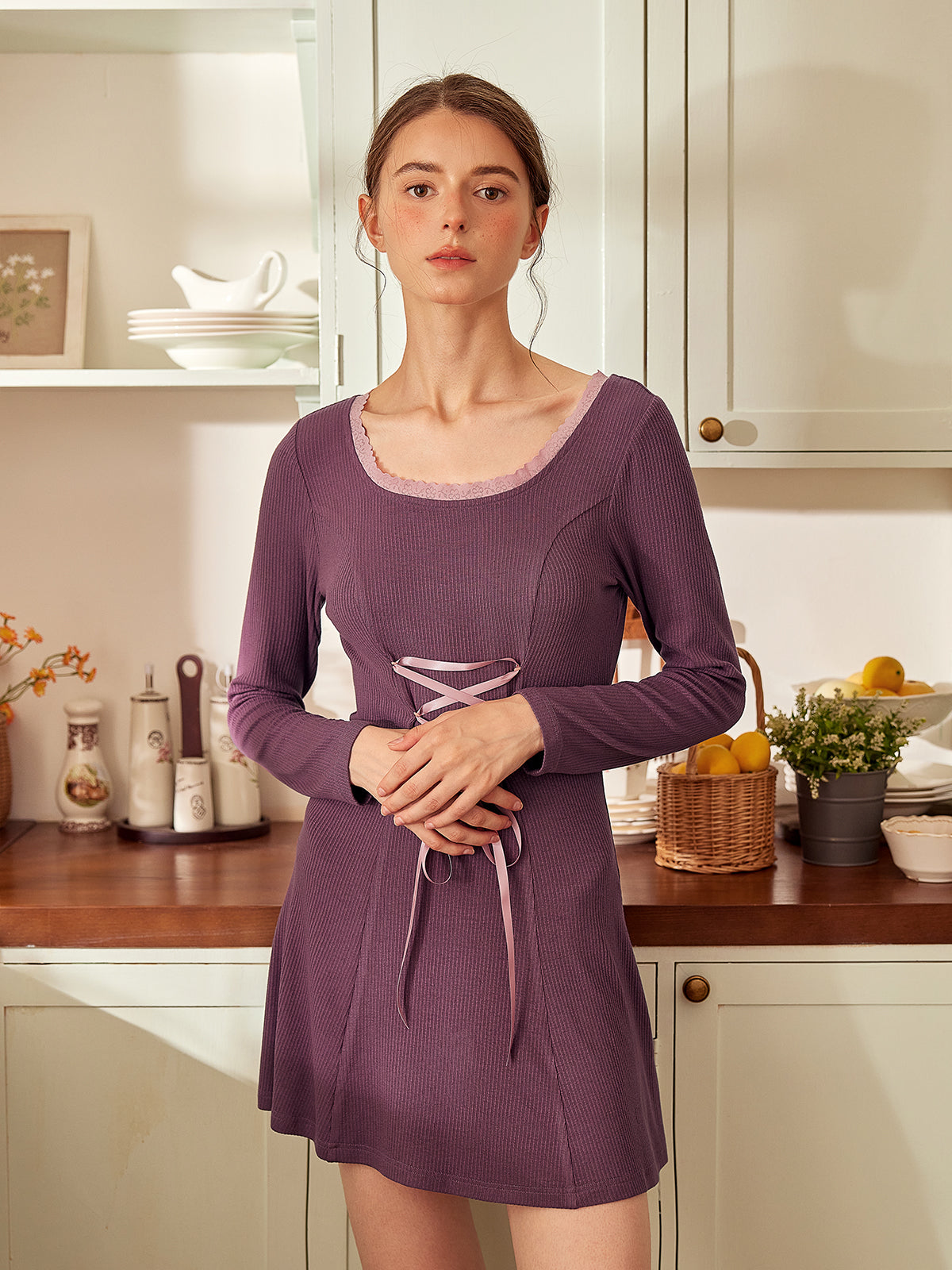 Lace-Up Ribbed Nightdress