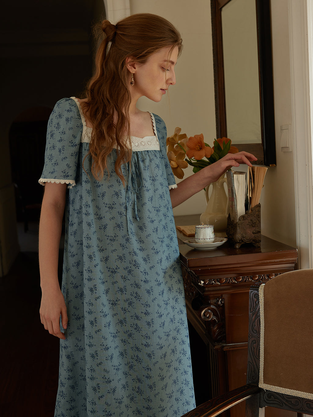 Blue Floral Lace Trim Nightgown for Women