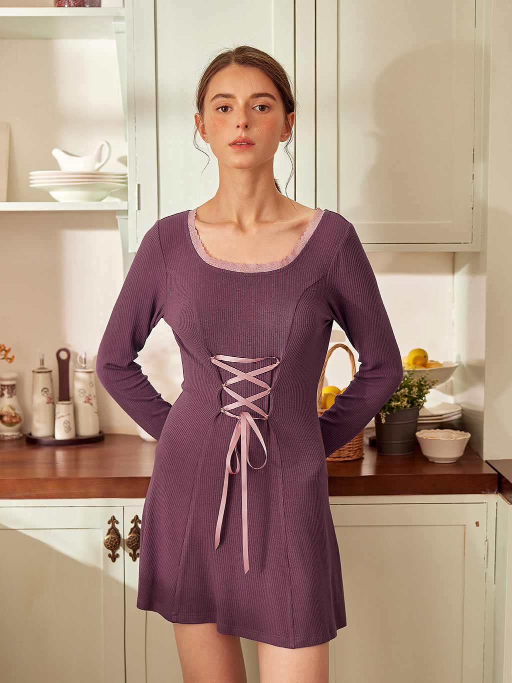 Lace-Up Ribbed Nightdress