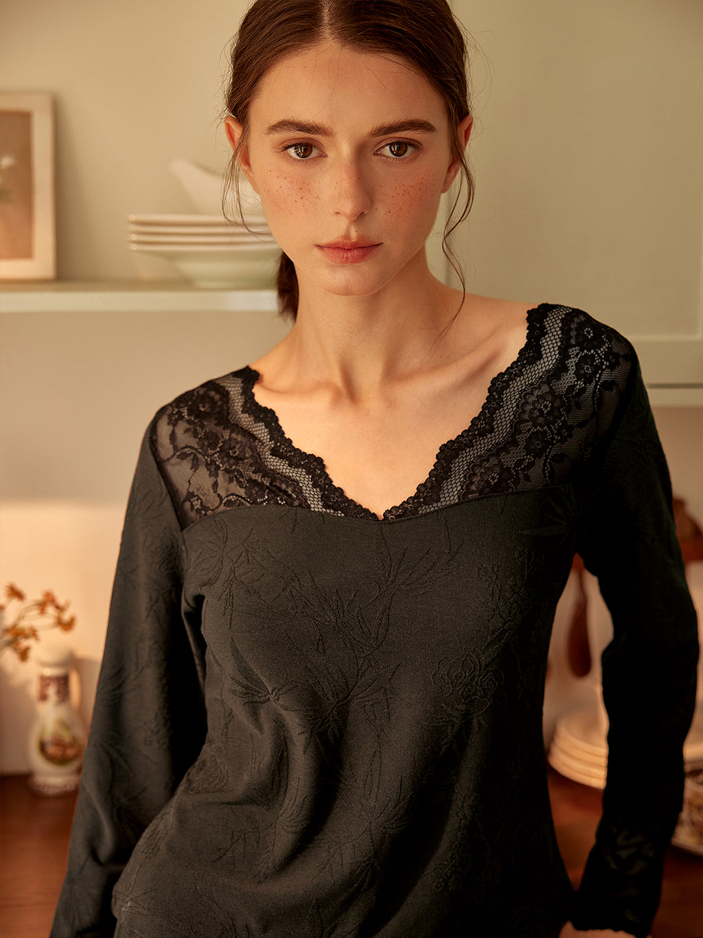 Black Lace Trim Lounge Set