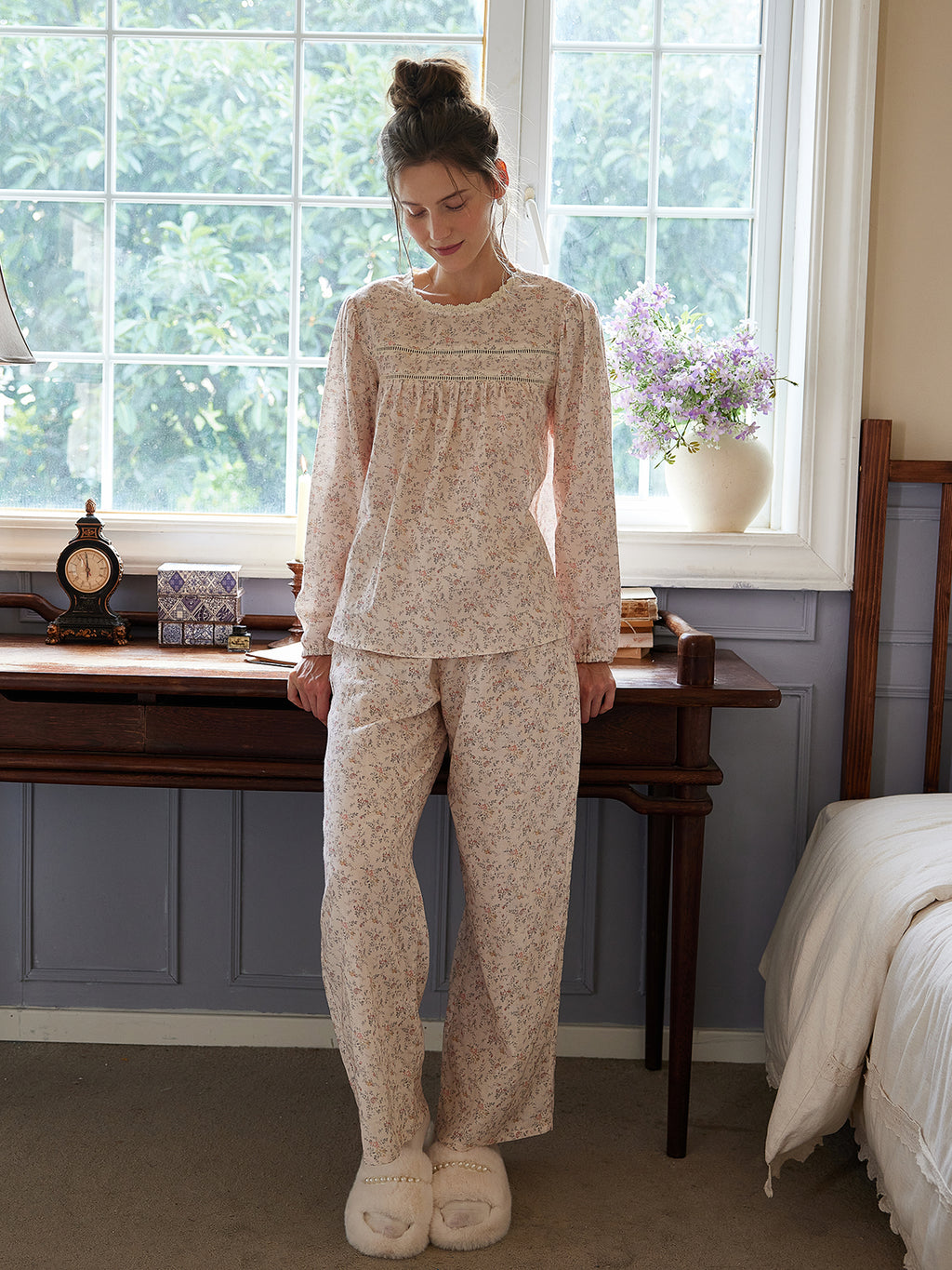 Vintage Floral Long-Sleeve Pajama Set