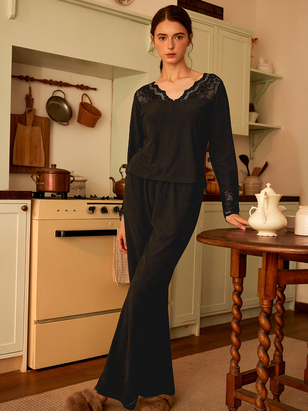 Black Lace Trim Lounge Set