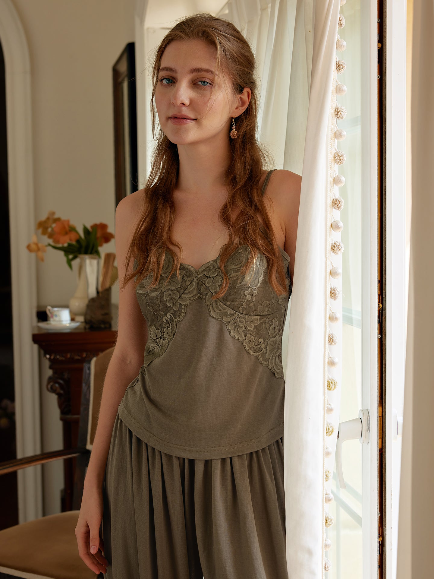Vintage Lace Cami & Relaxed Harem Lounge Pants Pajama Set for Women