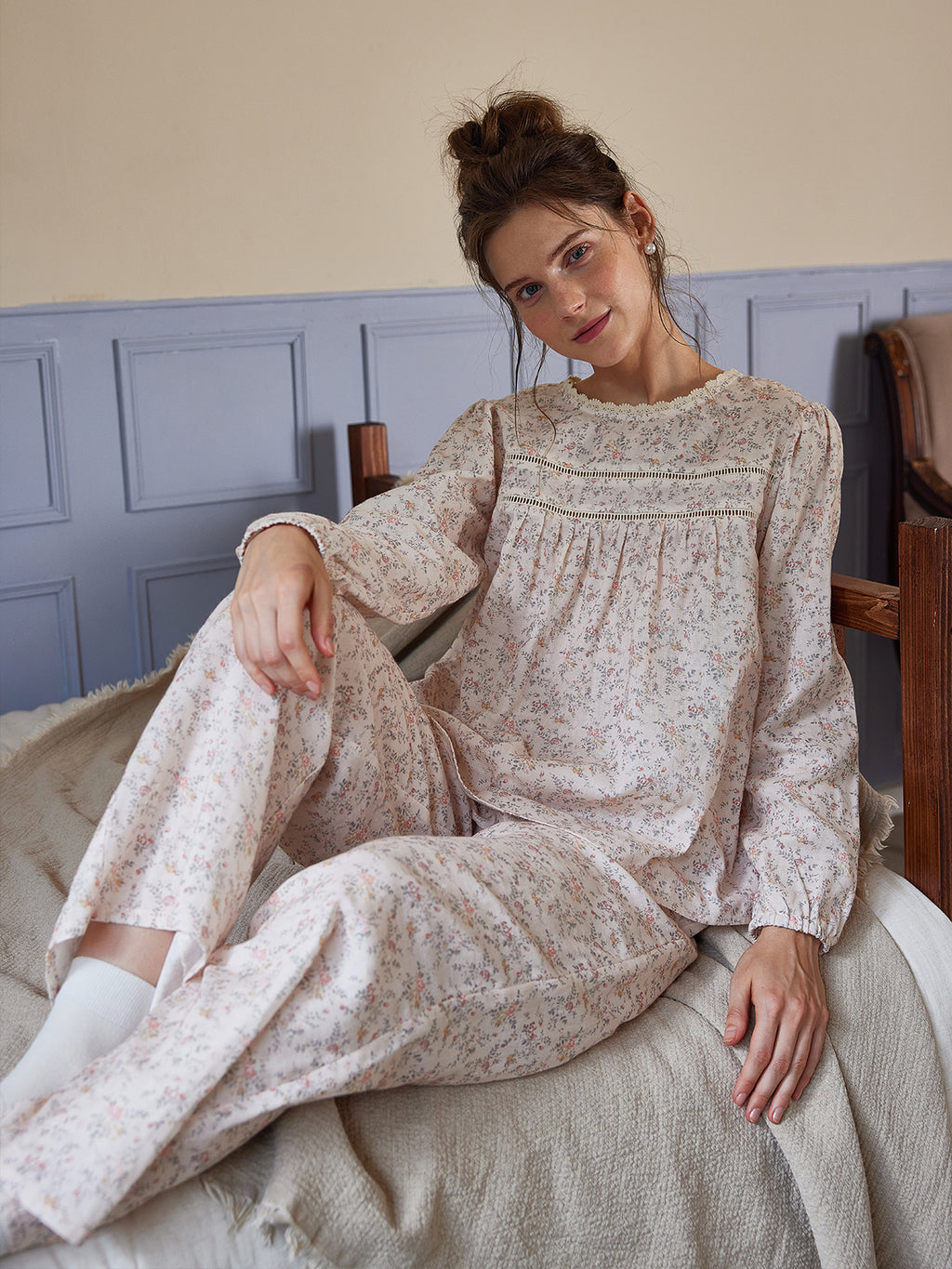 Vintage Floral Long-Sleeve Pajama Set