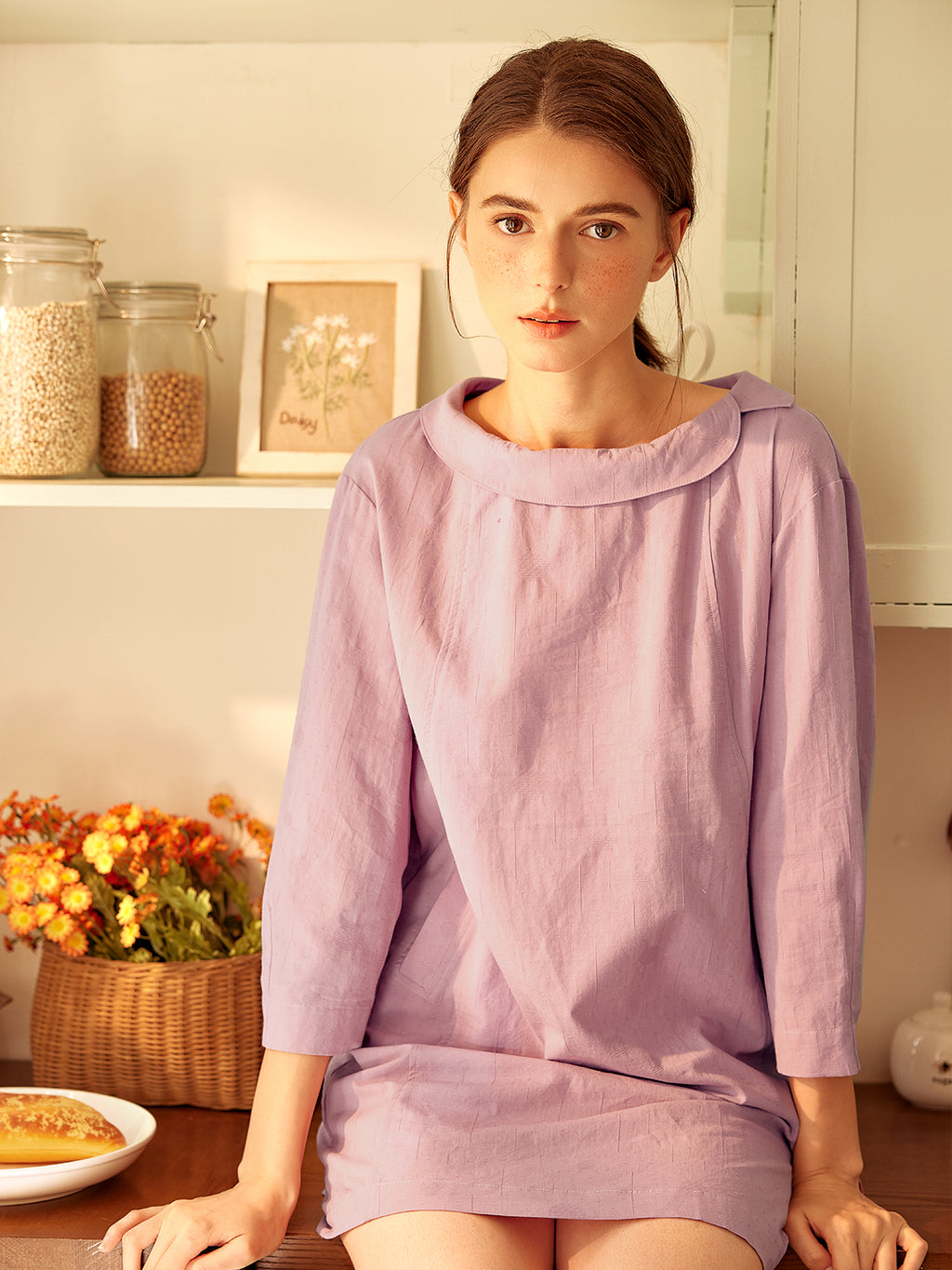 Lavender Relaxed Collar Lounge Dress Nightwear