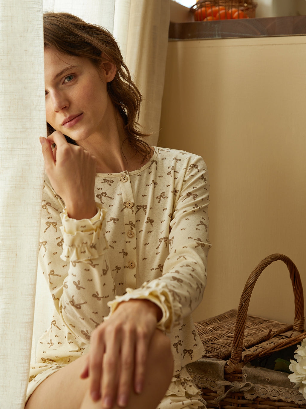 Bow Print Ruffle Lounge Set for Women