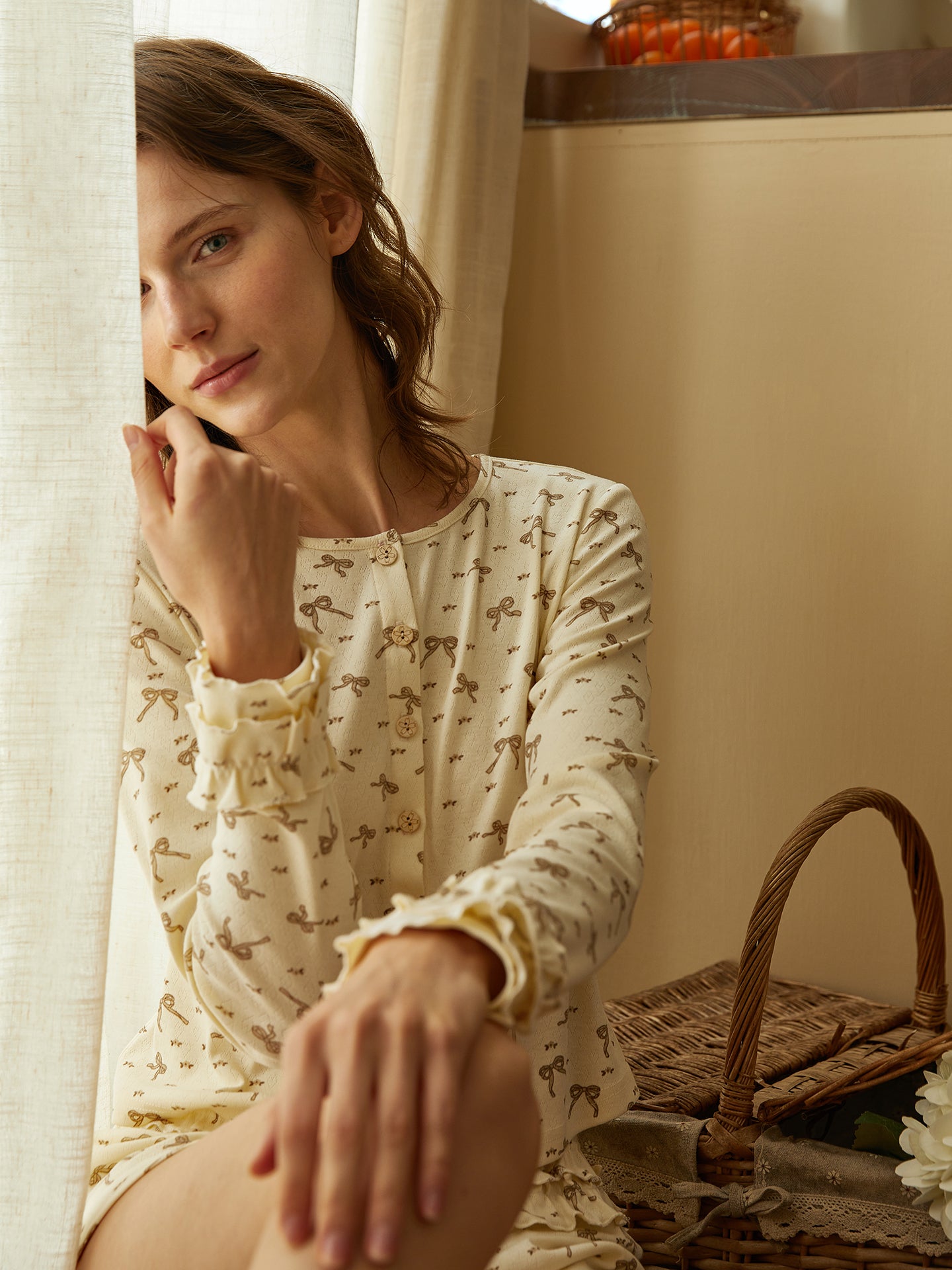 Bow Print Ruffle Lounge Set for Women
