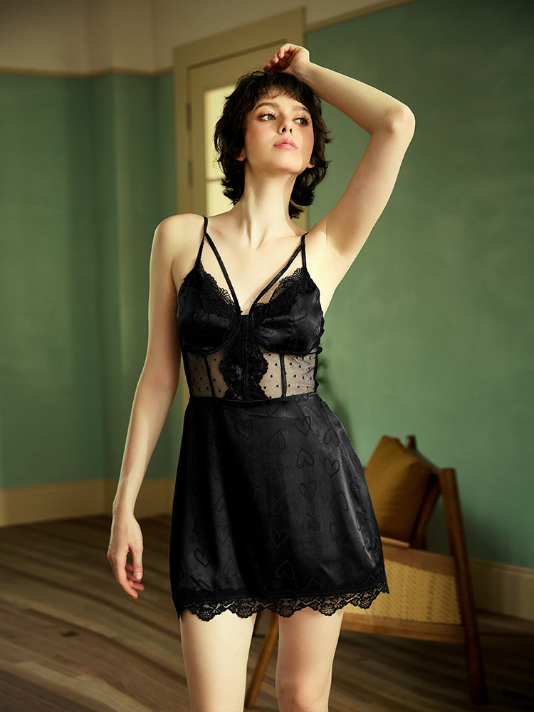 Women Lingerie Satin Lace Chemise Nightgown Sexy Full Slips Sleepwear