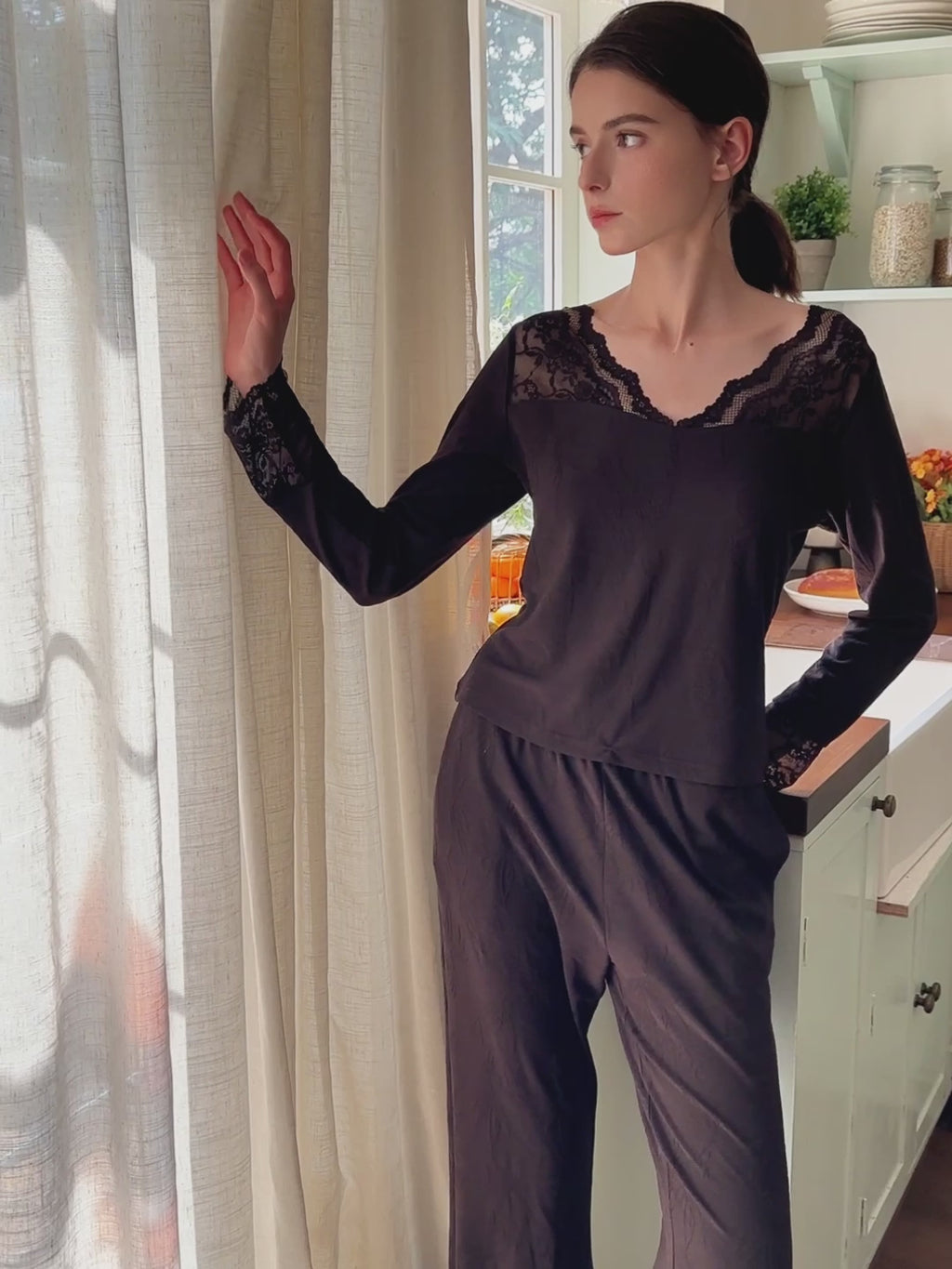 Black Lace Trim Lounge Set