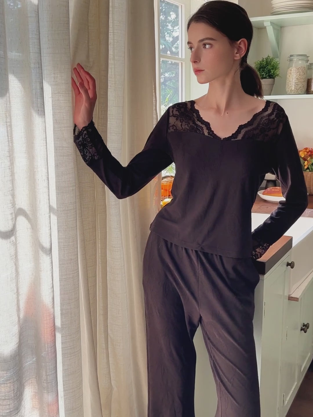 Black Lace Trim Lounge Set