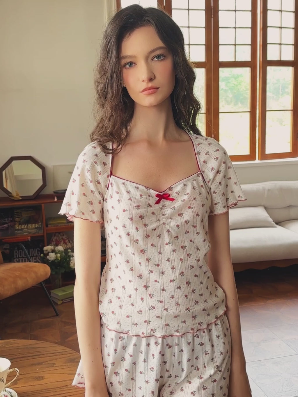Vintage Cherry Flutter-Sleeve Pajama Set