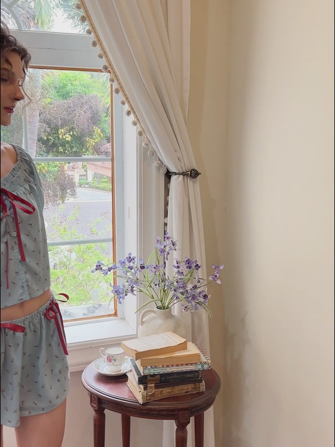 Light Blue Floral Pajama Set with Contrast Ribbon Detail